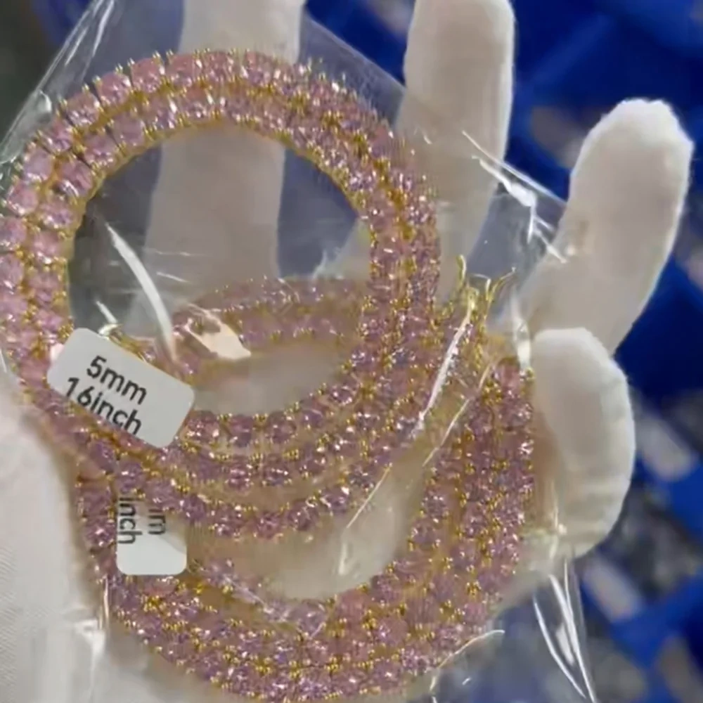 ESKEEM 5mm Pink Gemstone Tennis Chain 18k Gold Plated Hip Hop Jewelry Shiny Cubic Zirconia Iced Out Necklace