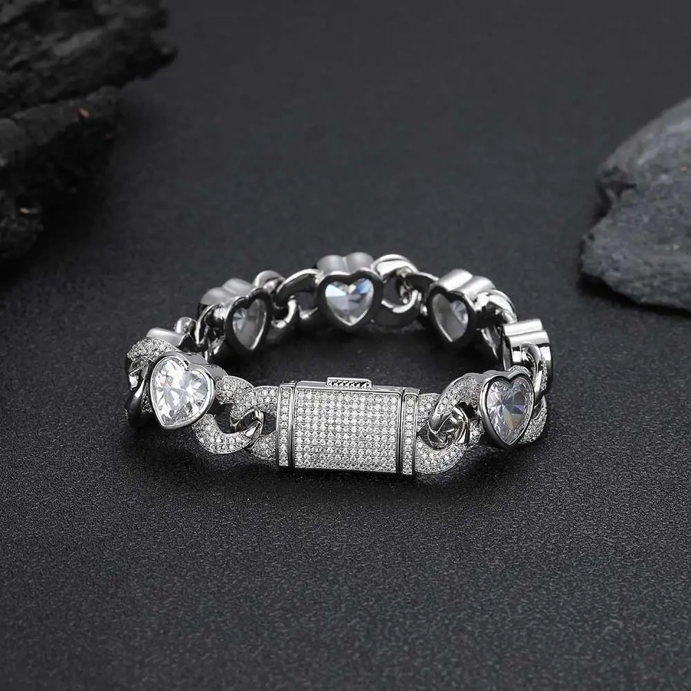 12MM New Design Heart Shape Cuban Link Bracelet Hip Hop Rapper Valentine's Iced Out Heart Cluster Charm Cuban Link Bracelet
