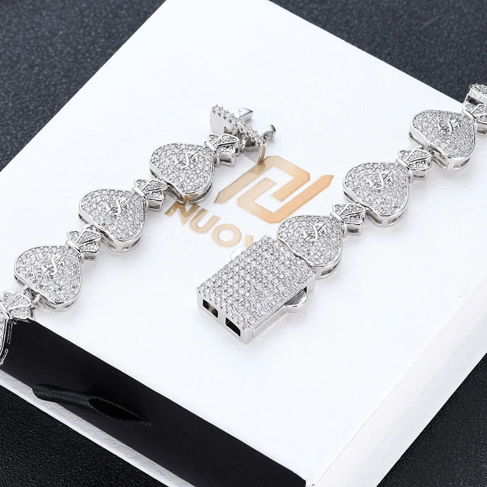 Hip Hop Rapper Jewelry Iced $ Money Bag Necklace Micro Pave CZ Zirconia USD Money Bag Cuban Chain Necklace for Men Women ﻿