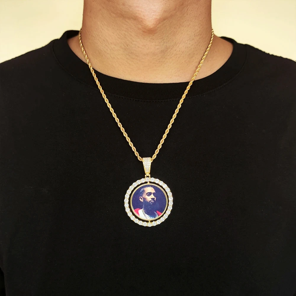 Custom Photo Necklace For Men Rotating Double-Sided Medallions Spinning Pendant Bling Iced Out Hip Hop Jewelry