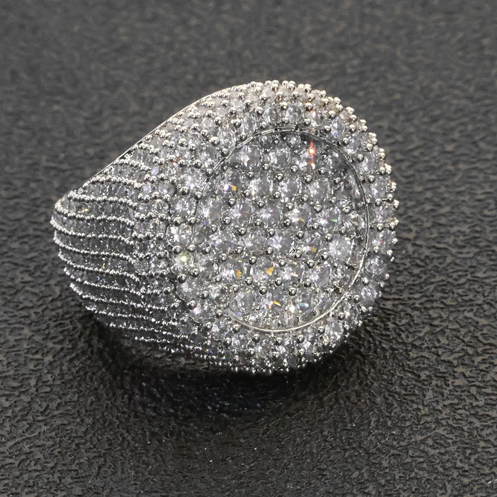 ESKEEM Wholesale Iced Out Big Round Ring Luxury Full Diamond Signet Ring Hip Hop Style Bling Cubic Zirconia Jewelry Men Women