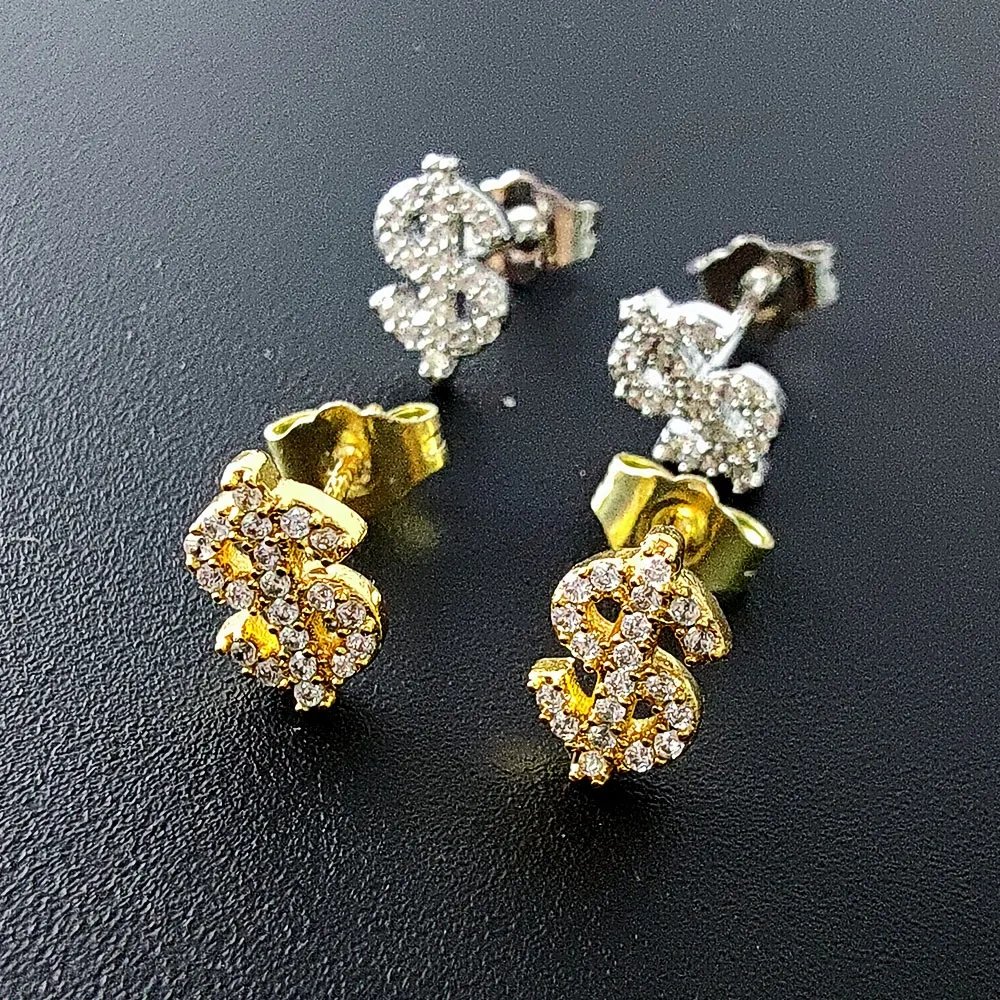 2024 Hip Hop Jewelry Iced Out 3A Zircon Dollar Sign High Quality Stud Modern Earrings Set For Women Drop Shipping