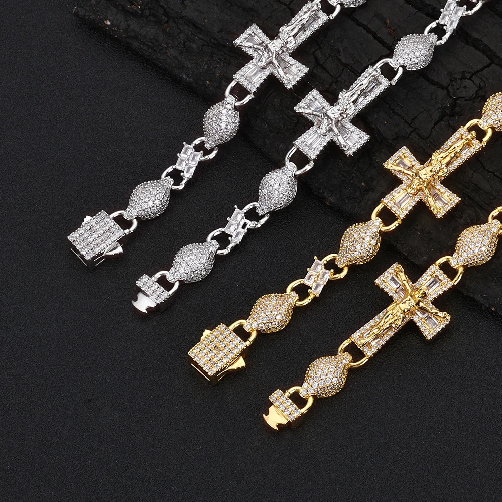 New Trendy 8mm Bead Cross Jesus Chain Bracelet Fully Iced Out Shinning Diamond 18k Gold Plated Miami Cross Bracelet Men
