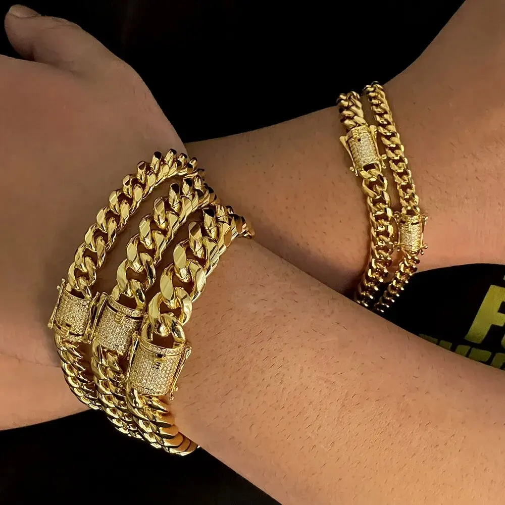 6/8/10/12/14/16 MM Width Hip Hop Three Times Plated Stainless Steel Jewelry Iced Clasp Miami Cuban Link Chain Necklace For Men