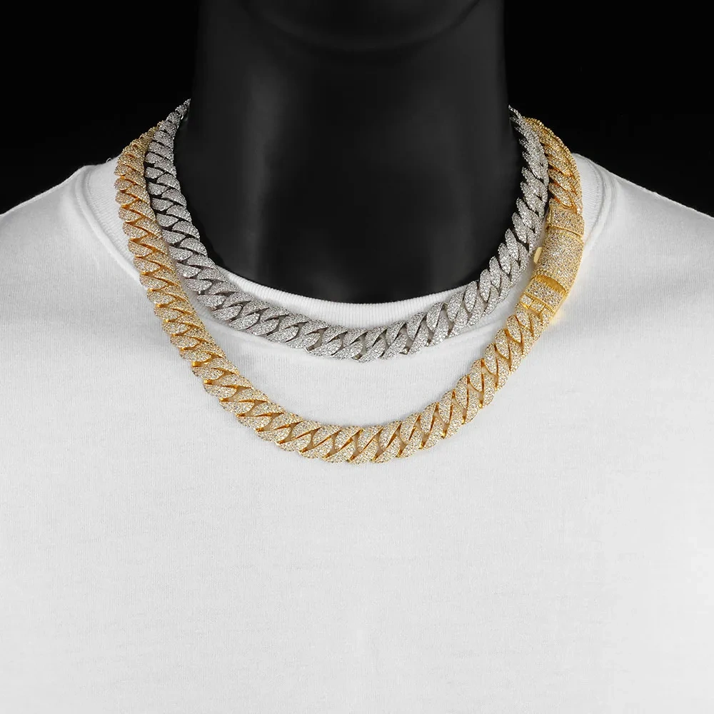 ESKEEM Mens 14mm 925 Silver VVS Moissanite Cuban Link Chain with Long Clasp Pass Diamond Test Iced Out Necklace Hip Hop Jewelry