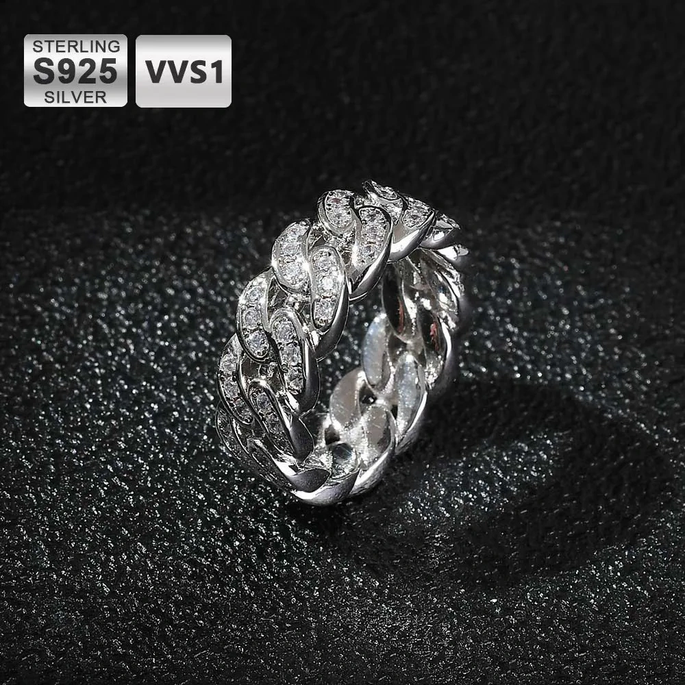 ESKEEM Sparkling VVS Diamond 925 Silver Ring Single Row Moissanite Cuban Ring For Women And Man Hip Hop Jewelry