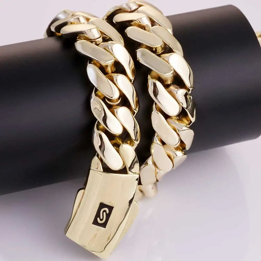 Cadena 14k Gold Plated Hip Hop Luxury Jewelry Monaco Chain Classic Plain Lock Miami Cuban Link Chain Men Choker Necklace