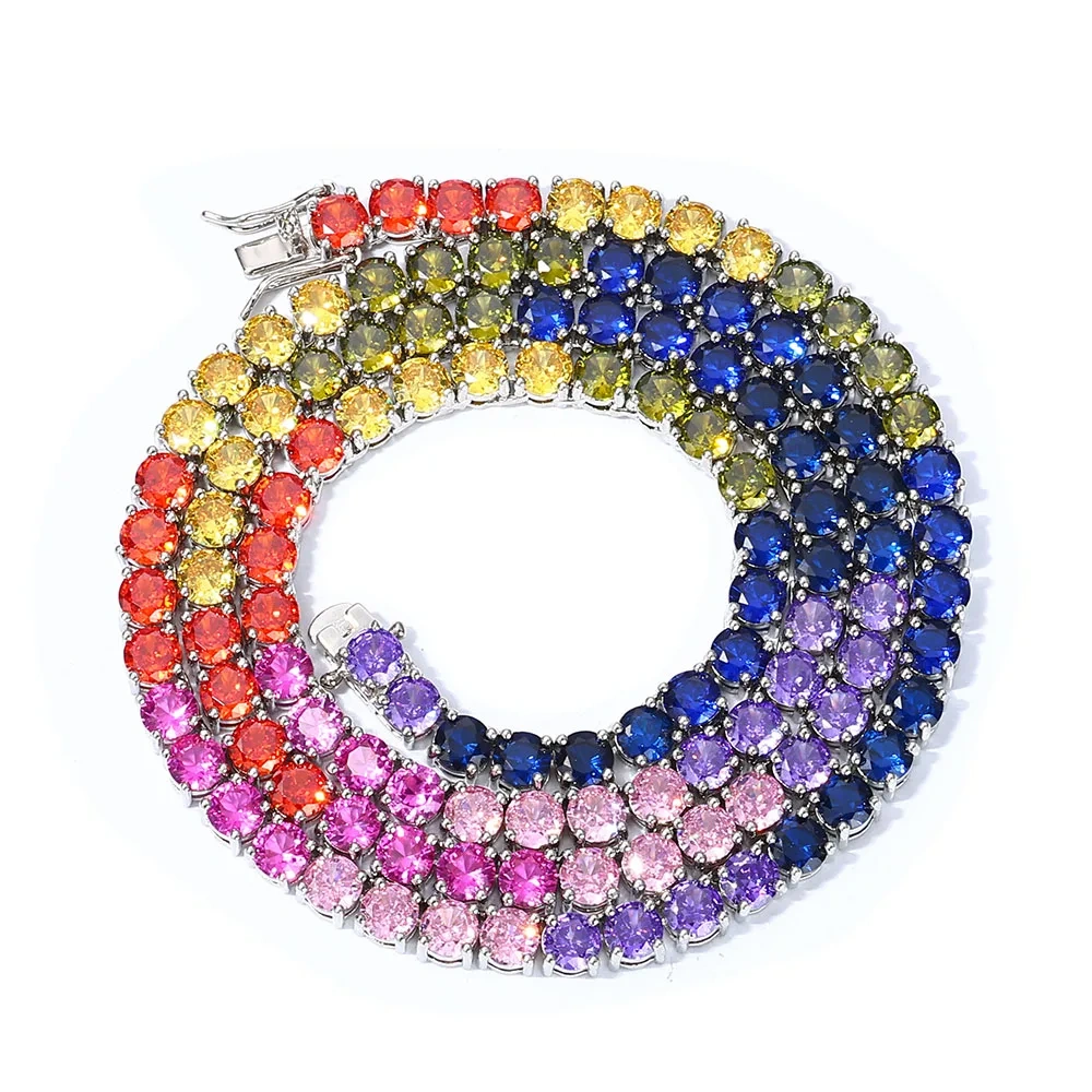New 5mm Iced Out Bling Rainbow Colorful Cubic Zirconia CZ Tennis Chain Women Men Charm Choker Necklace Jewelry Gift