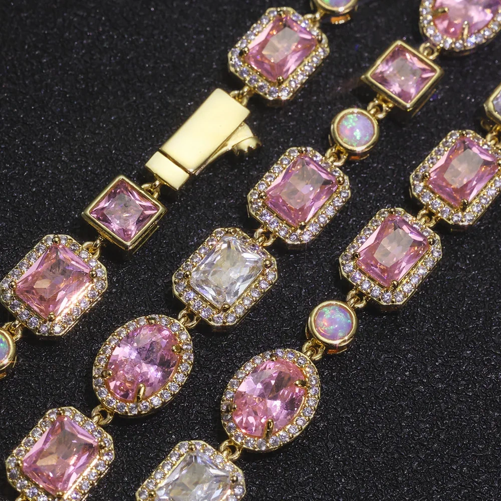 ESKEEM 10mm Opal Custom Bling Pink Cz Stone Chain Silver Gold Plated Necklace Geometric Gemstone Motif Iced Out Link Chain