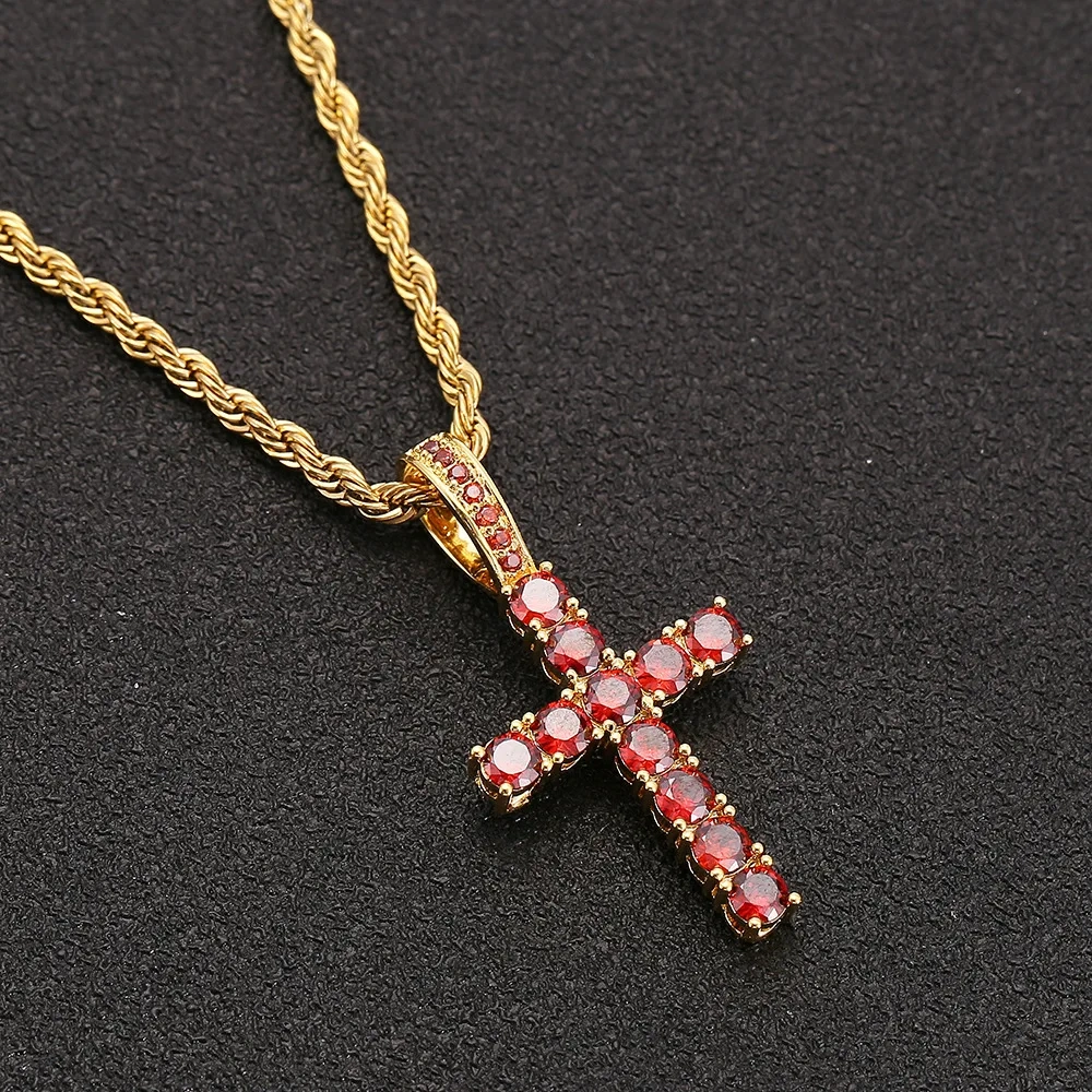 ESKEEM 18K Gold Silver Iced Out Diamond Cross Pendant Red Color Zircon Hip Hop Fine Cross Pendants for Men & Women