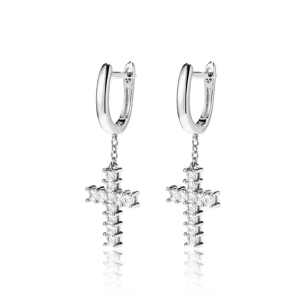 Drop Shipping Hip Hop Thick Hoop Earrings Bling Ice Out Cross CZ Zircon Plated Stud Lightning Earrings For Women Jewelry