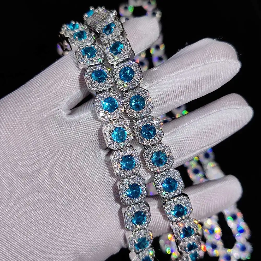 12mm Hip Hop Jewelry Pink/Treasure Blue/Sea Blue Girl Cluster Tennis Chain Cubic Zirconia Bling Diamond CZ Necklace For Women
