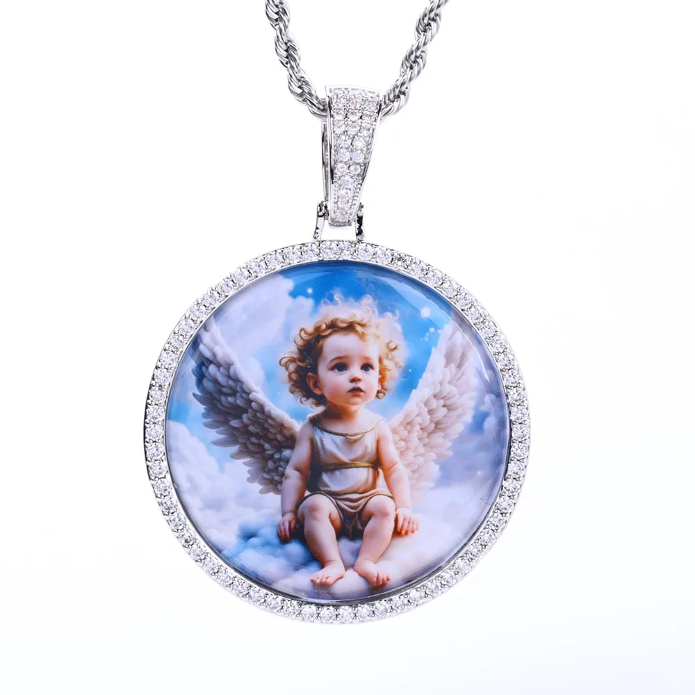 Nuoya In Stock Hight Quality VVS Moissanite Photo Pendant 925 Sterling Silver Custom Round Picture Frame Pendant Necklace Gift