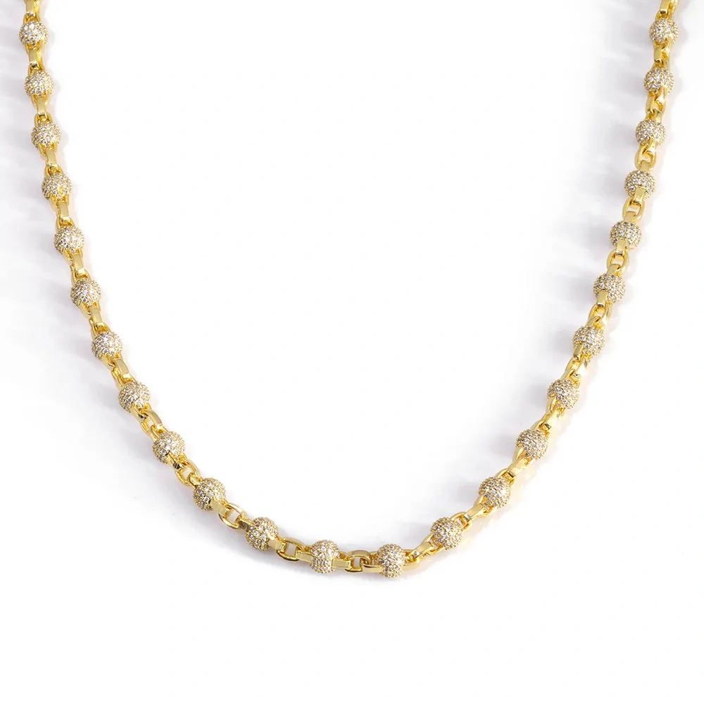 ESKEEM New 6mm Round Bead Necklace Full Pave Iced Out Cubic Zirconia Cuban Link Chain for Men Women Hip Hop Jewelry