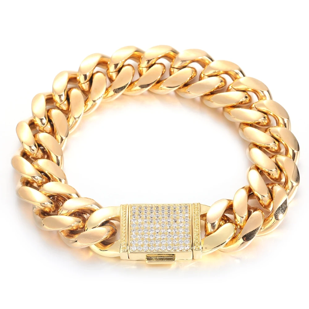 18Mm 5A CZ Iced Out Lock Miami Stainless Steel Thick Heavy PVD Plated Cuban Link Chain Punk For Men Hip Hop Jewelry