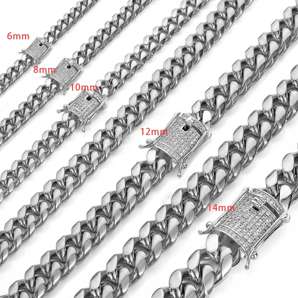 6/8/10/12/14/16 MM Width Hip Hop Three Times Plated Stainless Steel Jewelry Iced Clasp Miami Cuban Link Chain Necklace For Men