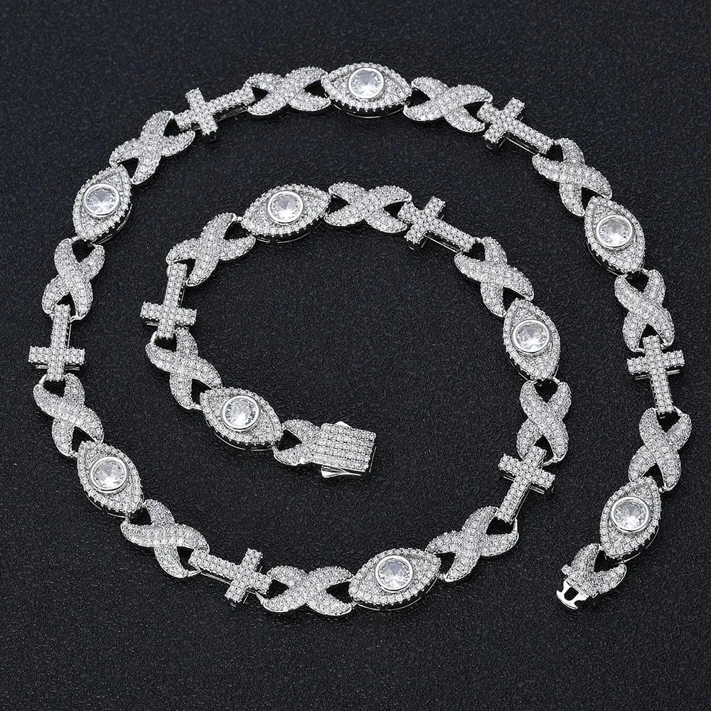 ESKEEM Hip Hop Jewelry New Design Full Pave Cubic Zirconia Chain Iced Out Diamond Eye Cross Link Chain Necklace For Women