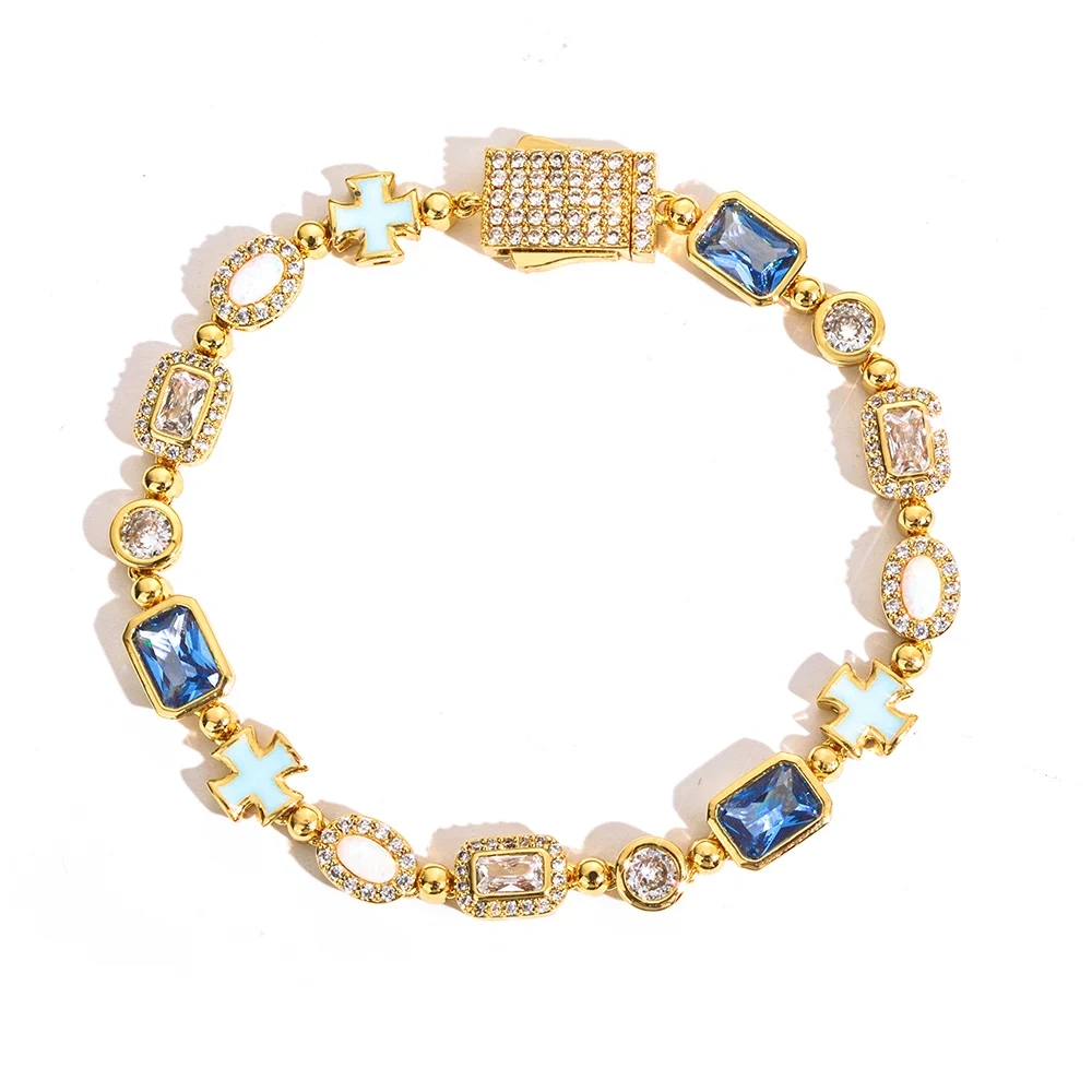 ESKEEM Geometric Oil Drip Blue Cross Bracelet 6mm Iced Out Blue CZ Gemstone Motif Chain Hip Hop Jewelry