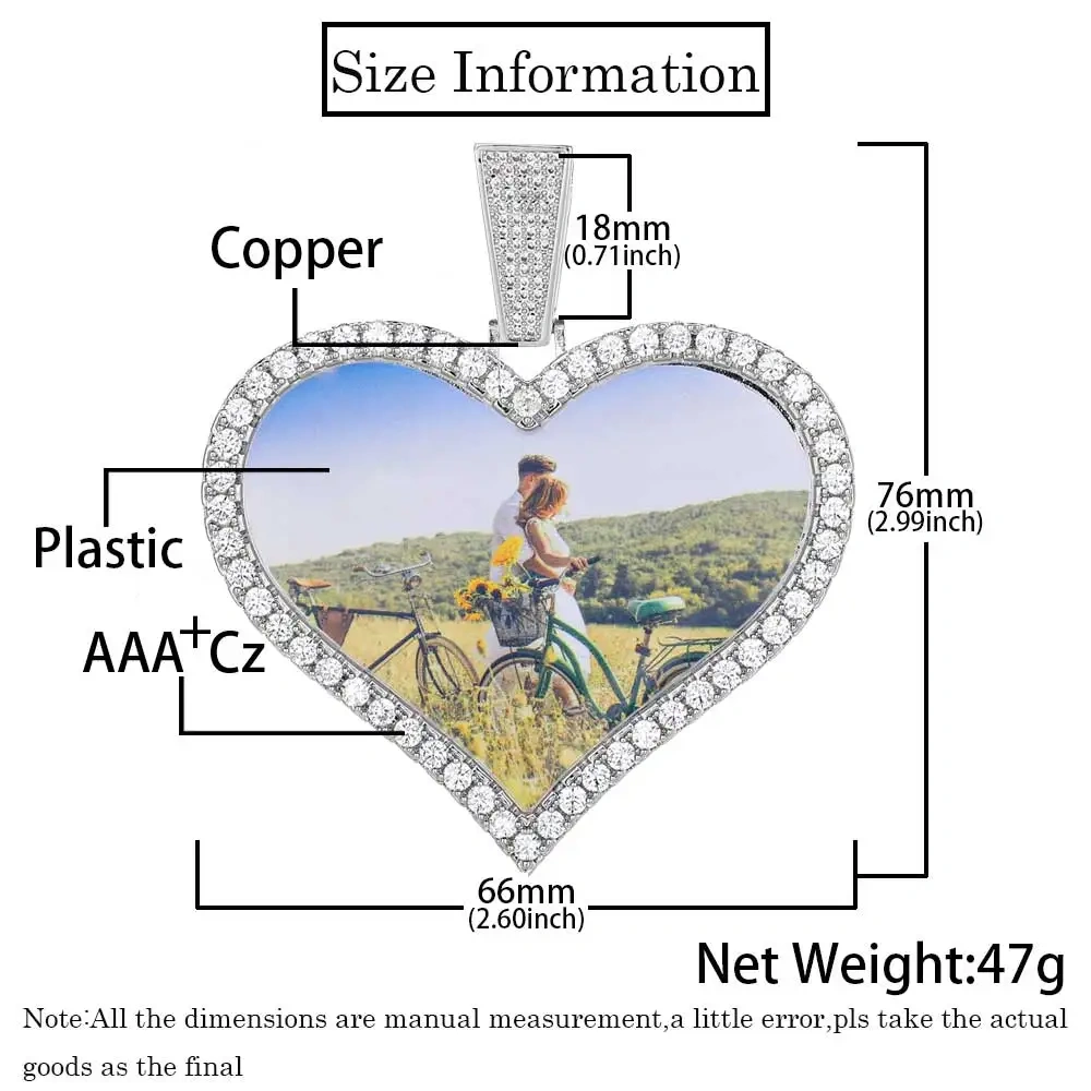 66mm Personalized Custom Big Heart Photo Pendants Bling Diamond Memarial Picture Necklaces Women Men Hip Hop Jewelry Gift