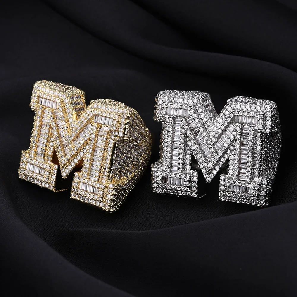 Best Quality Brilliant Rectangle Iced Out M Ring For Men Hip Hop M Initial Letter Round Cut Diamond Ring For Unisex jewelry