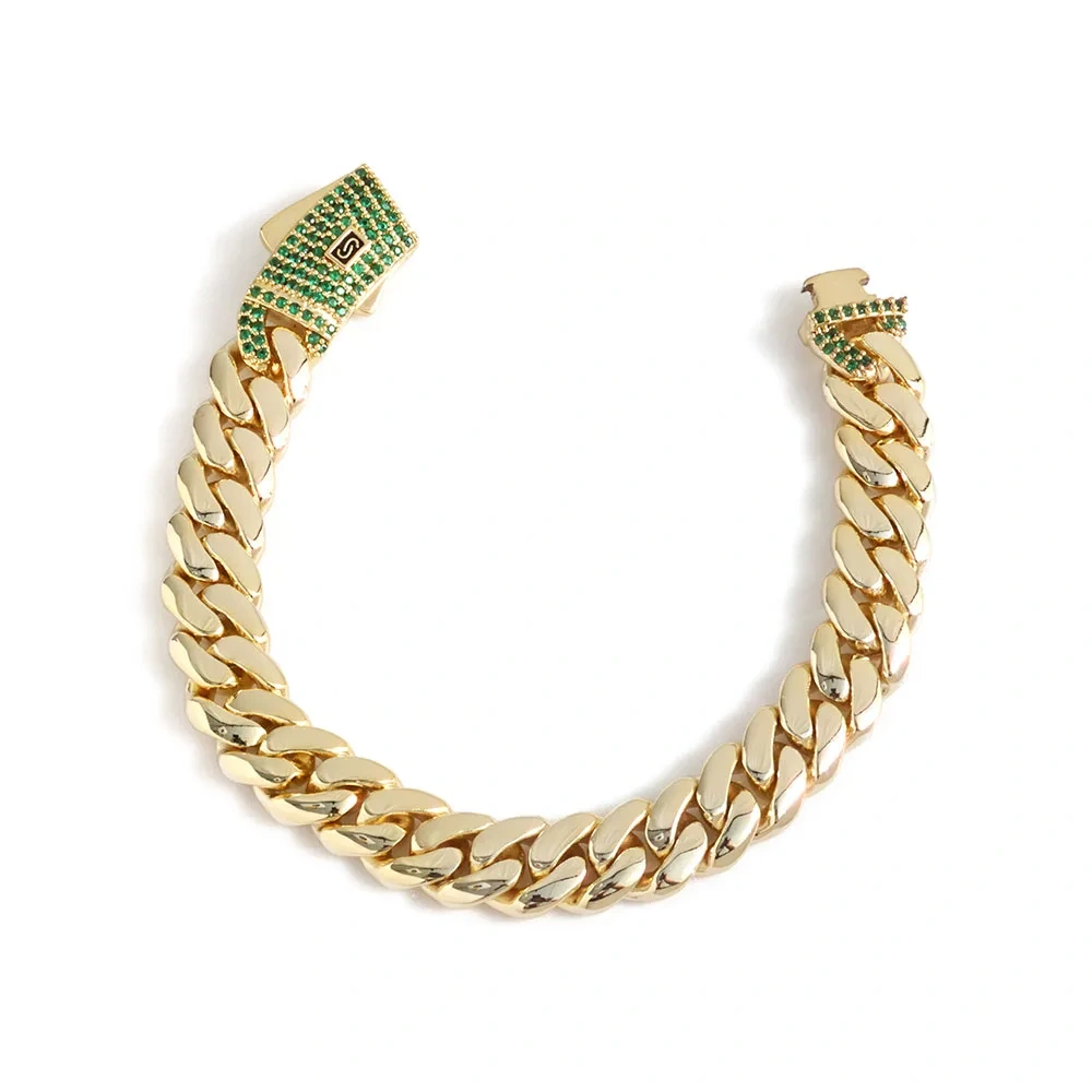 ESKEEM 14K Gold Plated 12/15MM Monaco Bracelet Hip Hop Jewelry Iced Green Cubic Zirconia Clasp Miami Cuban Bracelet Men Gift