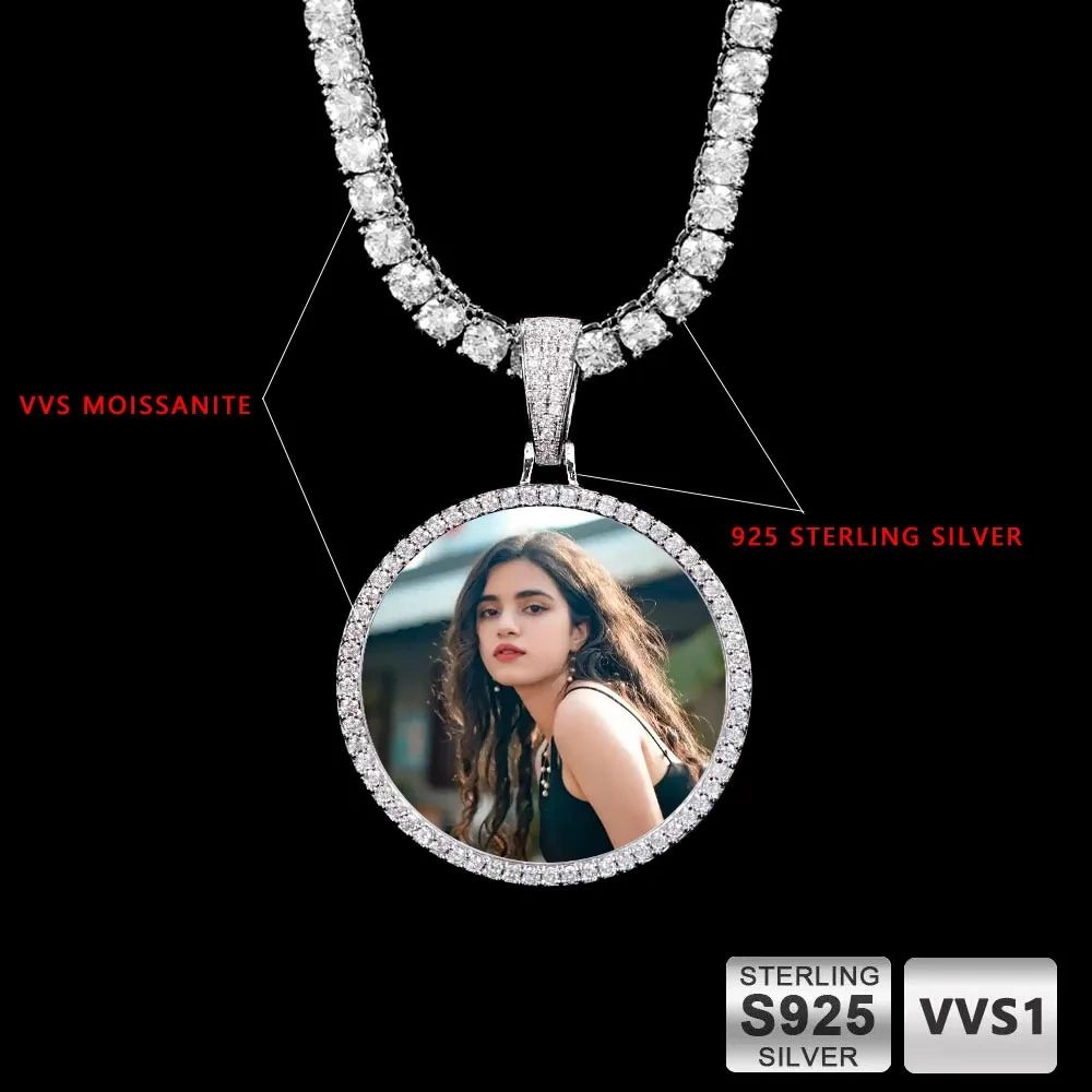 S925 VVS Photo Pendant Custom Moissanite Circle Chain Iced Picture Charm with Moissanite Tennis Necklaces Women Men Jewelry Gift