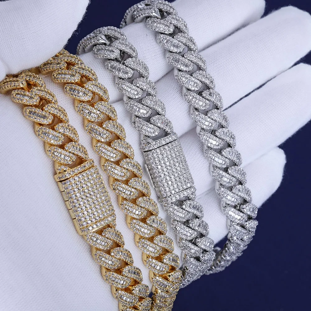 Hip Hop 12/15mm Bling Iced Out Diamond Cuban Chain Brass 5A Cz Baguette Cuban Link Necklace Men Women Jewelry Birthday Gift