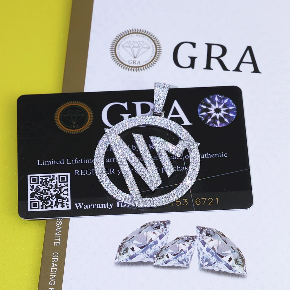 Hiphop Custom Iced Out Hollow Logo/Letter Pendant 925 Sterling Silver VVS Moissanite 40mm Round Pendant Necklace For Women Men