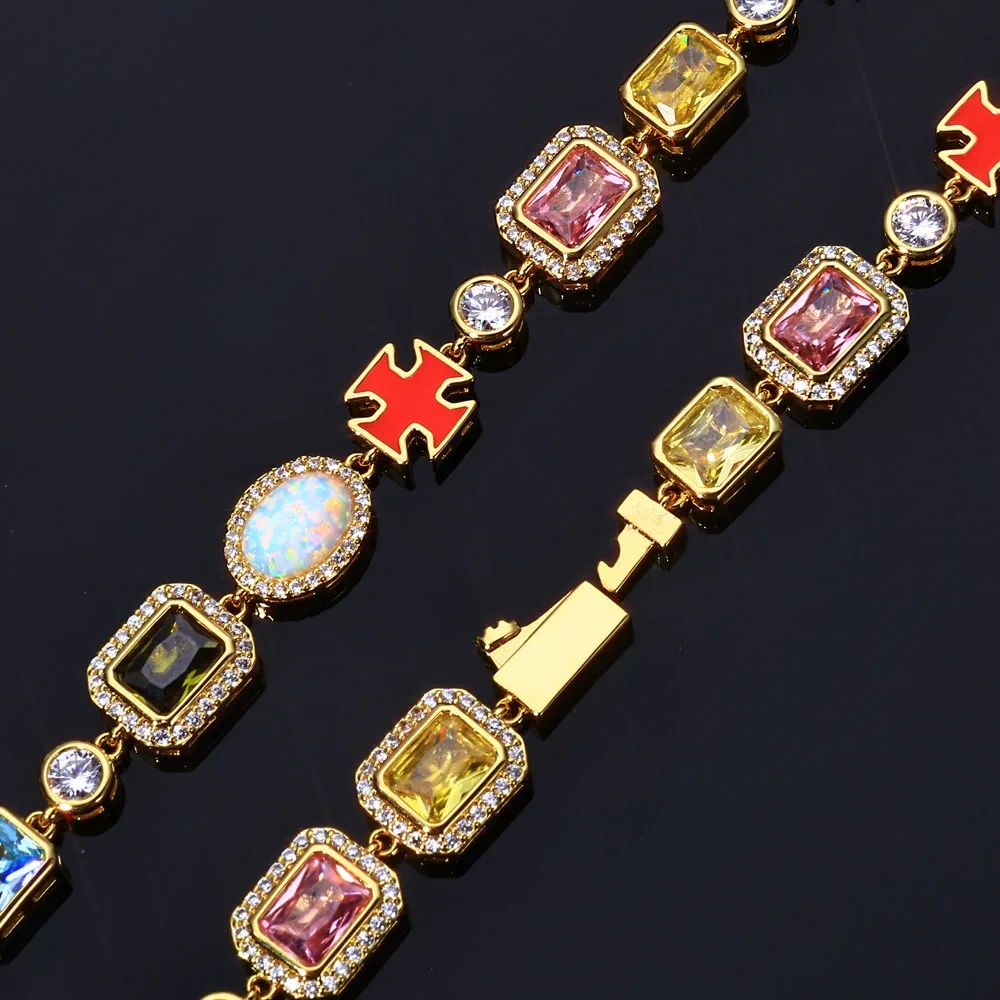 ESKEEM Rainbow CZ Diamond Necklace Multi Color Enamel Cross Design Iced Out Geometric Gemstone Chain Hip Hop Jewelry for Women