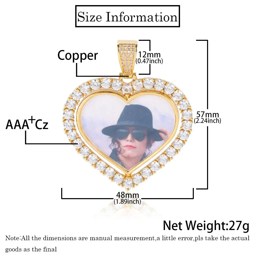 Custom Double Side Rotating Heart Necklace Personalized Family Memory Jewelry Heart Pendant Bling Diamond Necklaces For Couple
