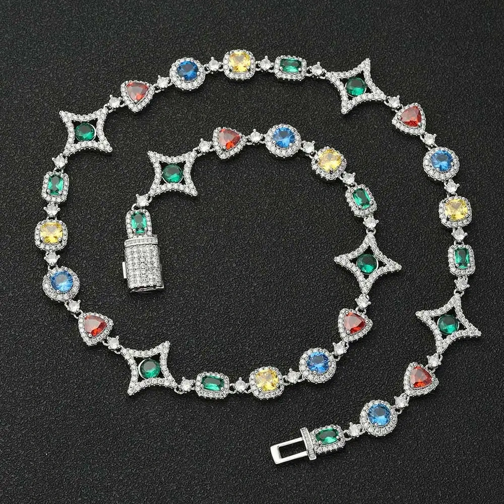 High Quality Hip Hop Jewelry Fashionable Star Iced Out Necklace Multicolor Zircon 10mm Brass Chain Necklace for Women Gift ﻿