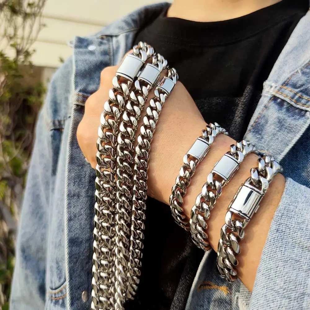 ESKEEM Hip Hop Fashion Jewelry 8/10/12/14MM PVD Plating Necklace Stainless Steel Chunky Cuban Link Chains Miami For Men Gift