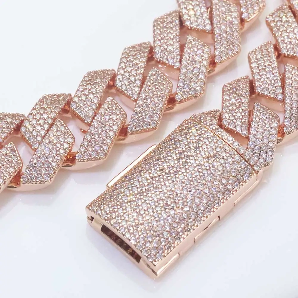 Rose Gold Plated Chain Hip Hop Jewelry 15mm Luxury Women Man Bling Prong Iced Diamond Cuban Link Necklace Birthday Party Gift