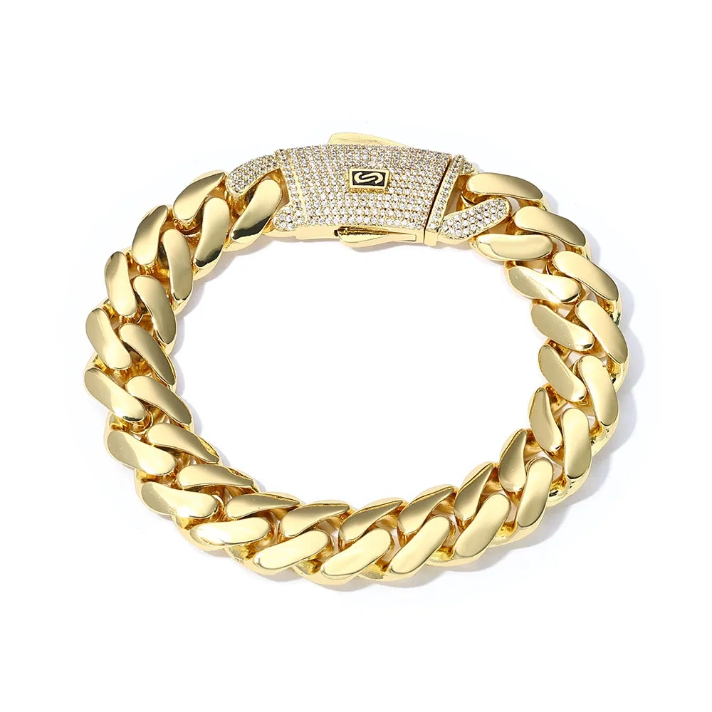 ESKEEM 15mm Real 14K Gold Plated Monaco Chain Heavy Thick Solid Brass Cuban Link Necklace Hip Hop Jewelry for Men