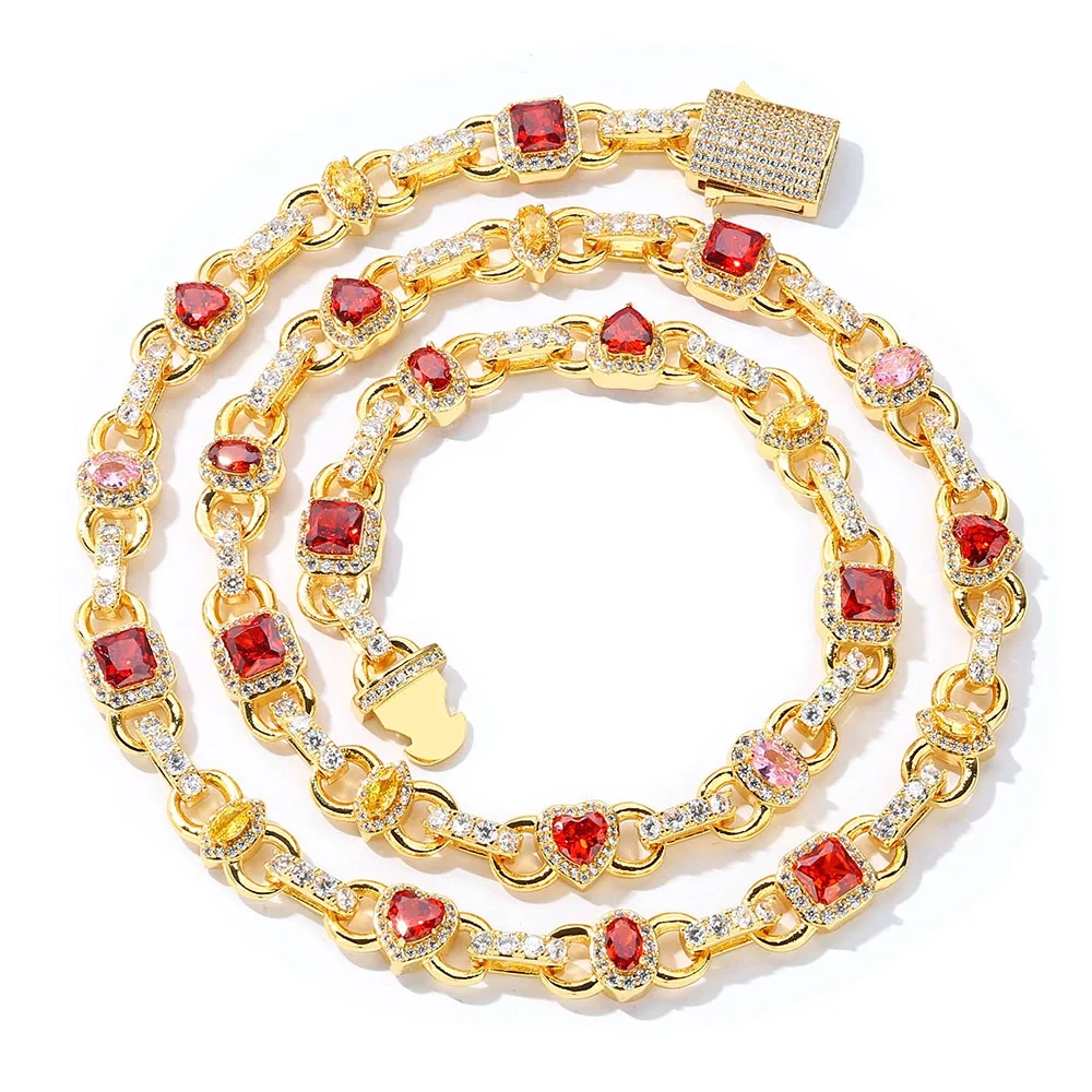 18k Gold Plated Colorful Necklace Elliptical/Square/Heart shaped Red yellow Zircon High Quality Spring ClaspCuban Chain