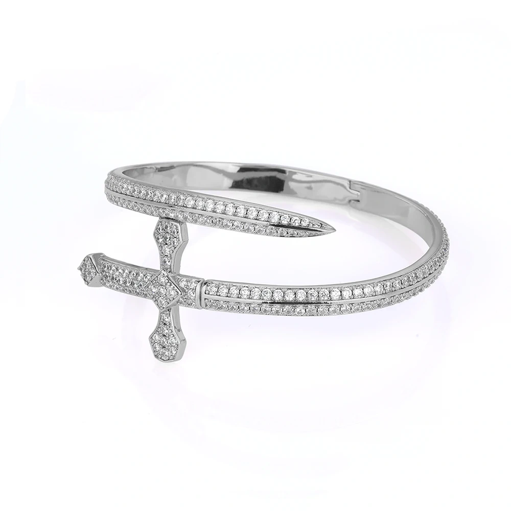 New Design Full Iced Sword Shape Bracelet Bling Brass Zircon 18K Gold Plated Bangle Fashion Women Man Jewelry