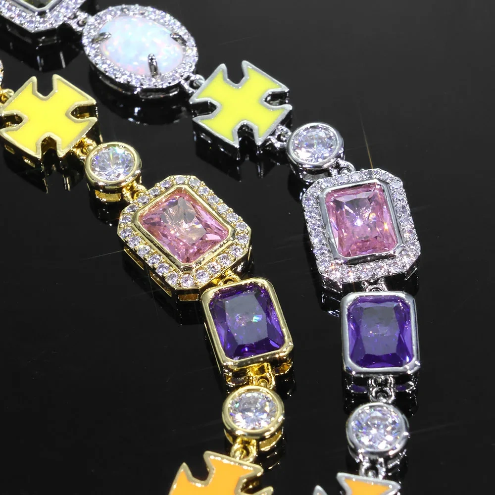 Mixed Colorful 10mm Cross Tennis Bracelet Enamel Bling Cz Chain Geometric Gemstone Motif Iced Out Opal Bracelet