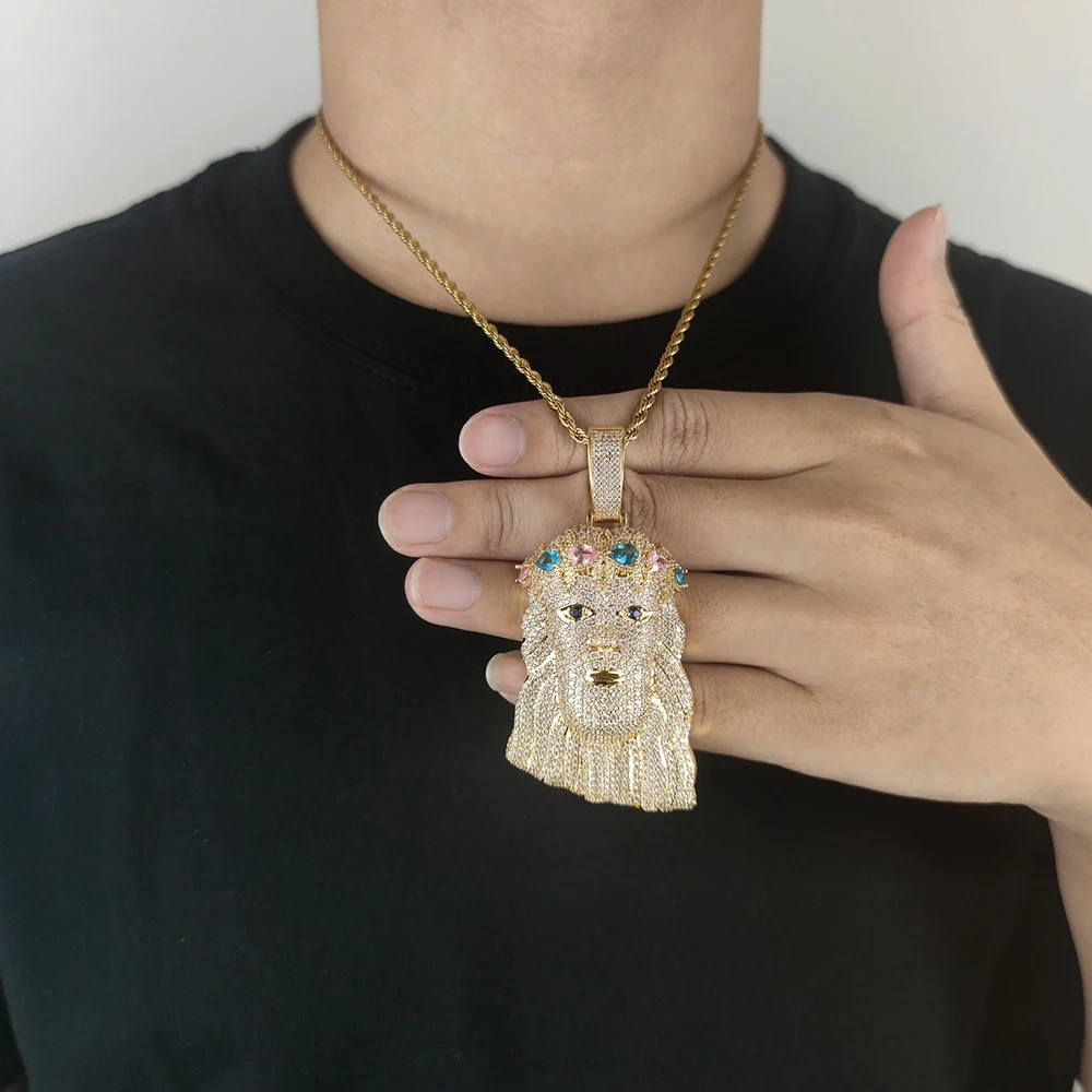 Mens Diamond Jesus Head Inlaid Colorful Zircon Silver Gold Face Christ Big Pendant For Gift Drop Shipping
