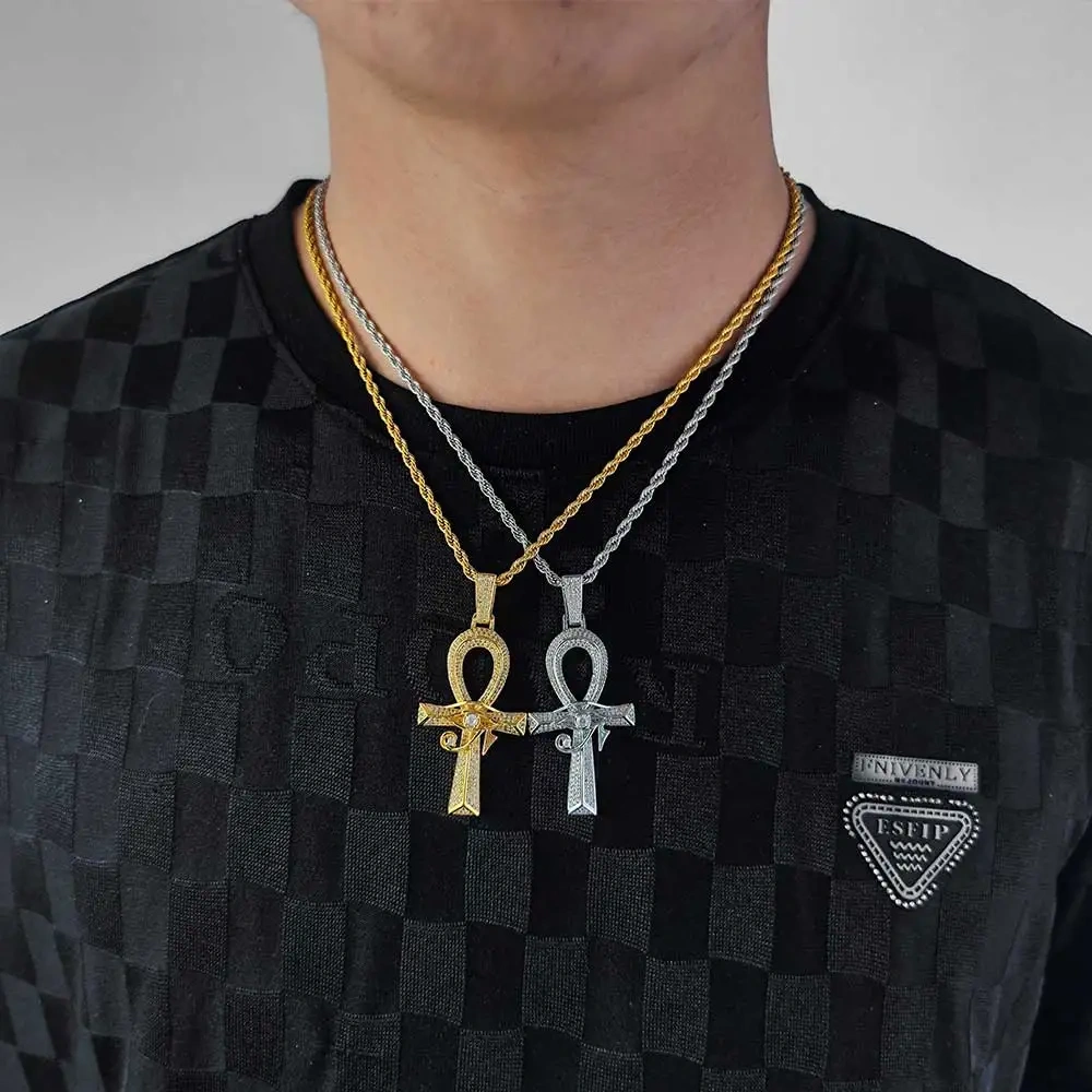 Ancient Egyptian Amulet Anka Cross Bling CZ Stone 18k Gold Color Plated Eye Of Horus Pendant Necklace For Men