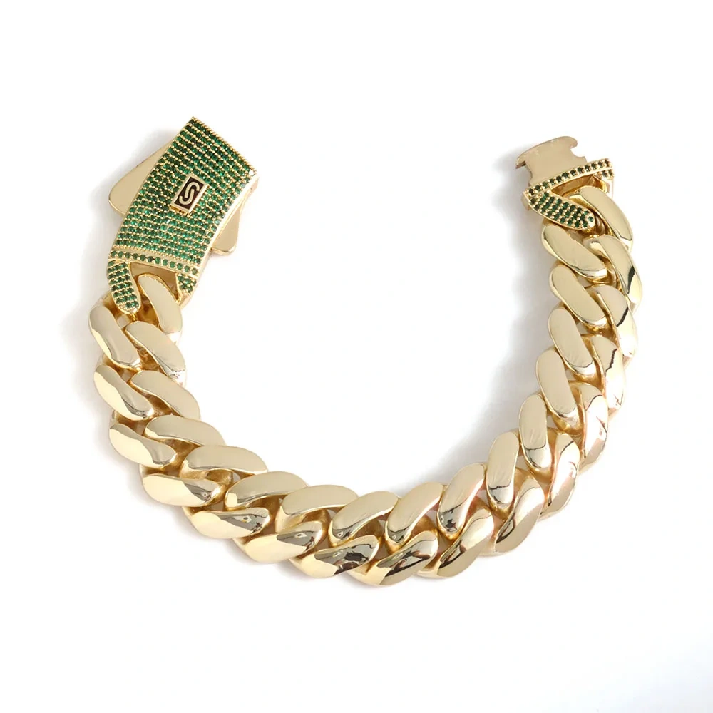ESKEEM 14K Gold Plated 12/15MM Monaco Bracelet Hip Hop Jewelry Iced Green Cubic Zirconia Clasp Miami Cuban Bracelet Men Gift
