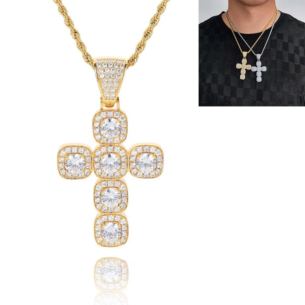 Hip Hop Jewelry Charm Women Cross Christian Jesus Bling Iced Out Copper Zircon Color Pendant Necklace