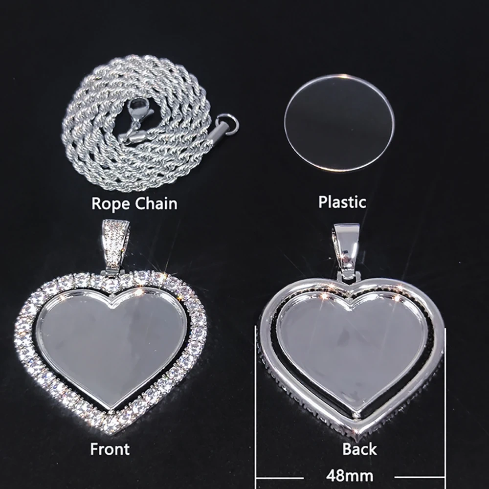 Custom Double Side Rotating Heart Necklace Personalized Family Memory Jewelry Heart Pendant Bling Diamond Necklaces For Couple