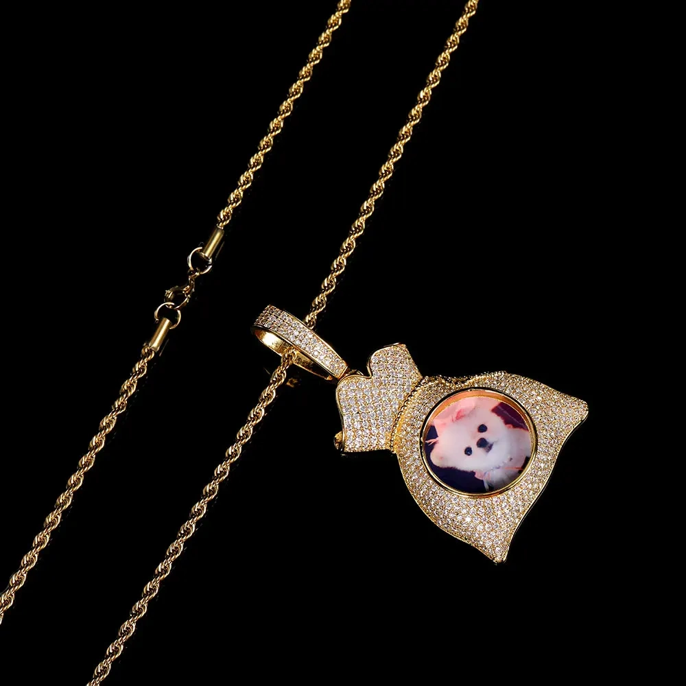 Custom Iced Out Bling Memory Photo Jewelry Money Bag Personalized Medallions Picture Necklace Hip Hop Pendant