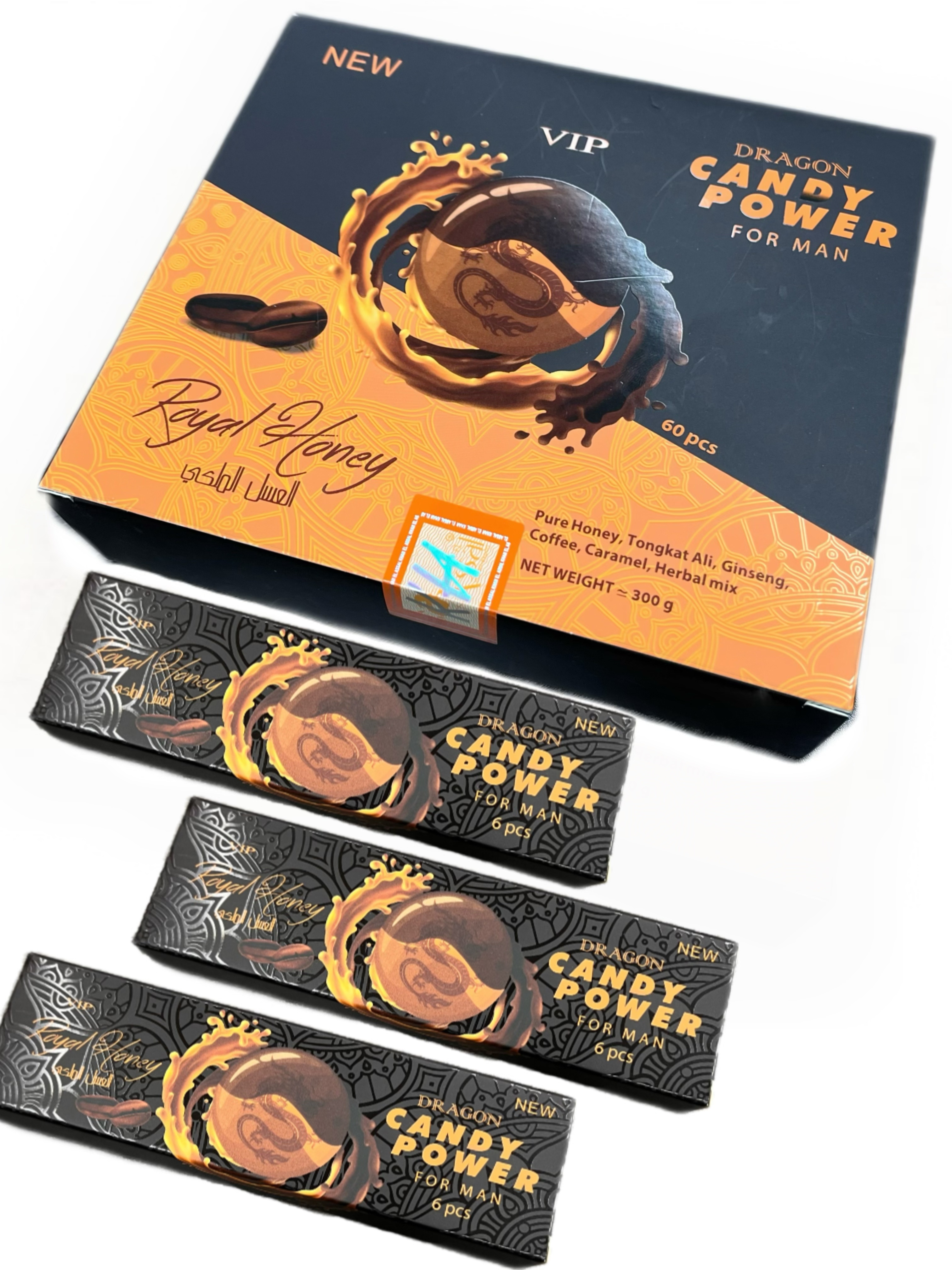 Organic Honey Candy Power - Natural Blend with Ginseng & Coffee (60 Pieces, 300g)