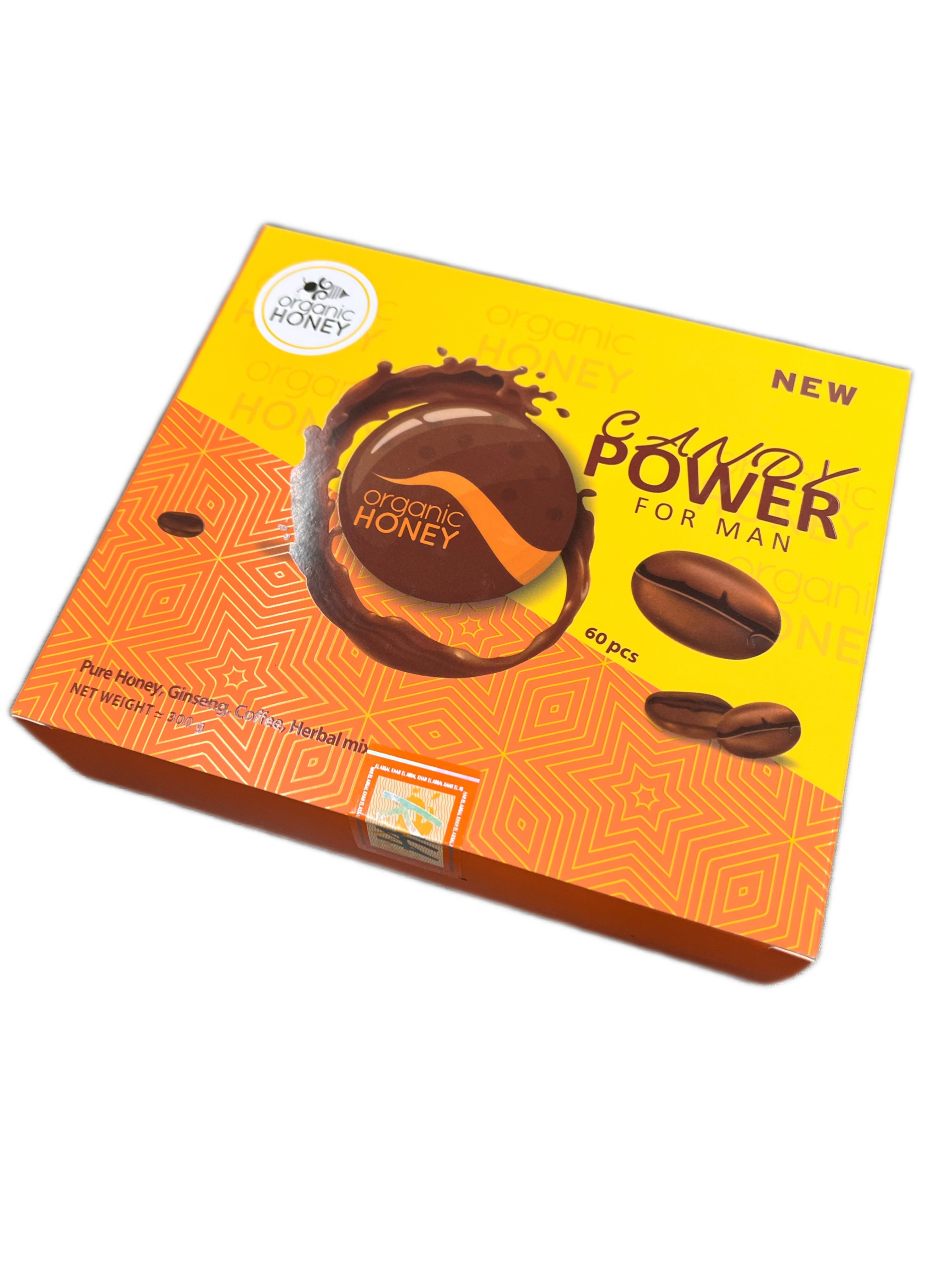 Organic Honey Candy Power - Natural Blend with Ginseng & Coffee (60 Pieces, 300g)