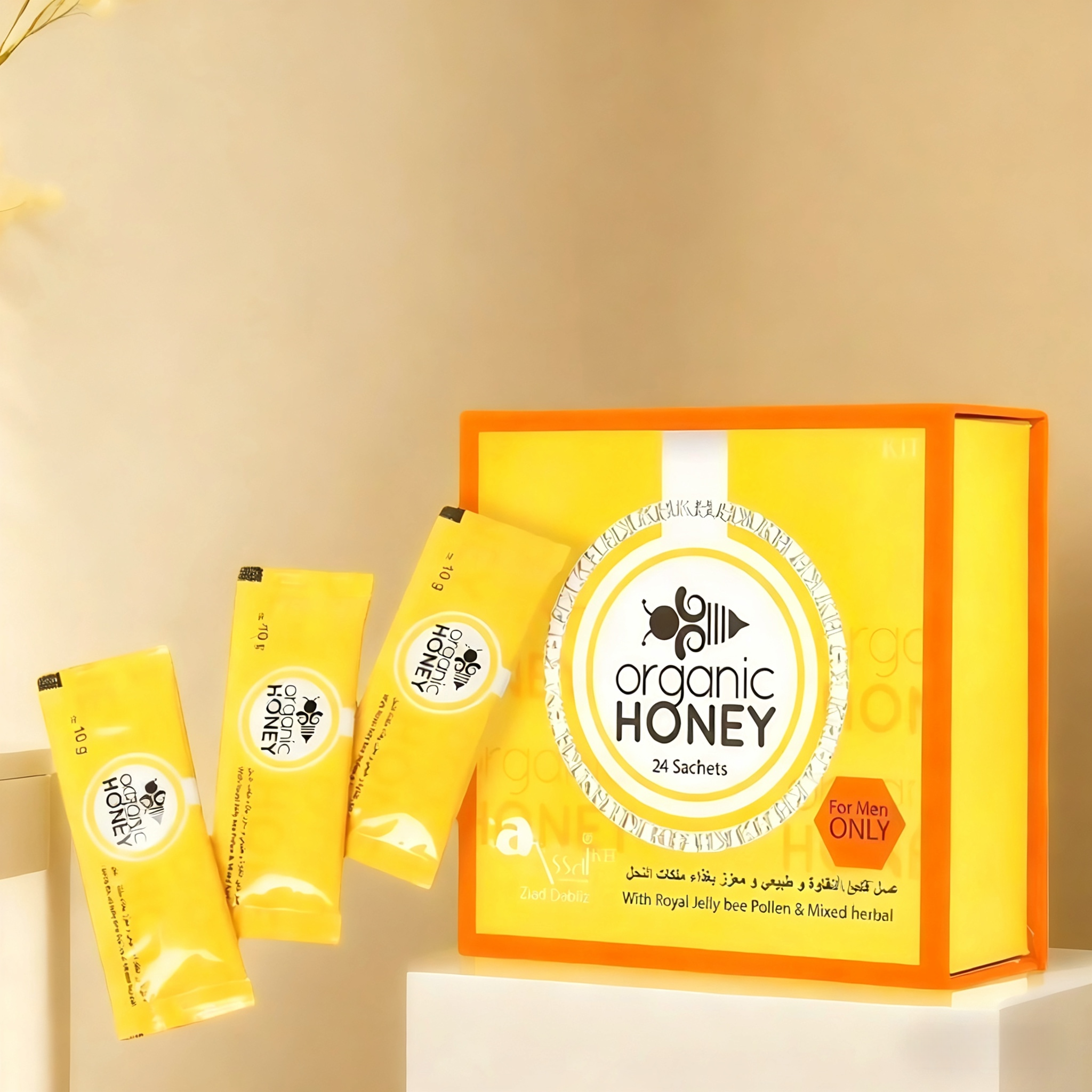 Organic Honey for Men (24 Sachets, 240g) - Blended with Royal Jelly, Bee Pollen, Ginseng & Mixed Herbs