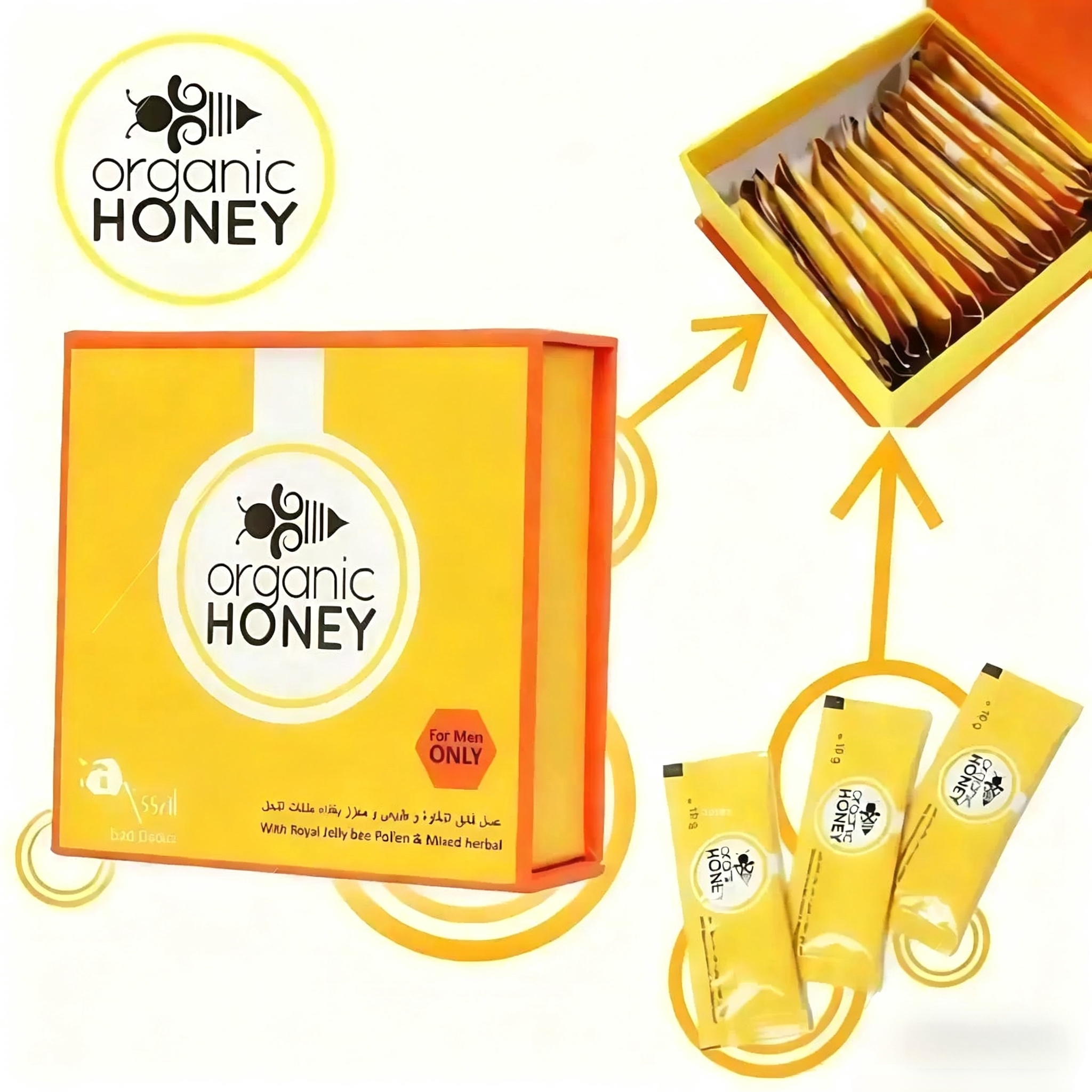 Organic Honey for Men (24 Sachets, 240g) - Blended with Royal Jelly, Bee Pollen, Ginseng & Mixed Herbs