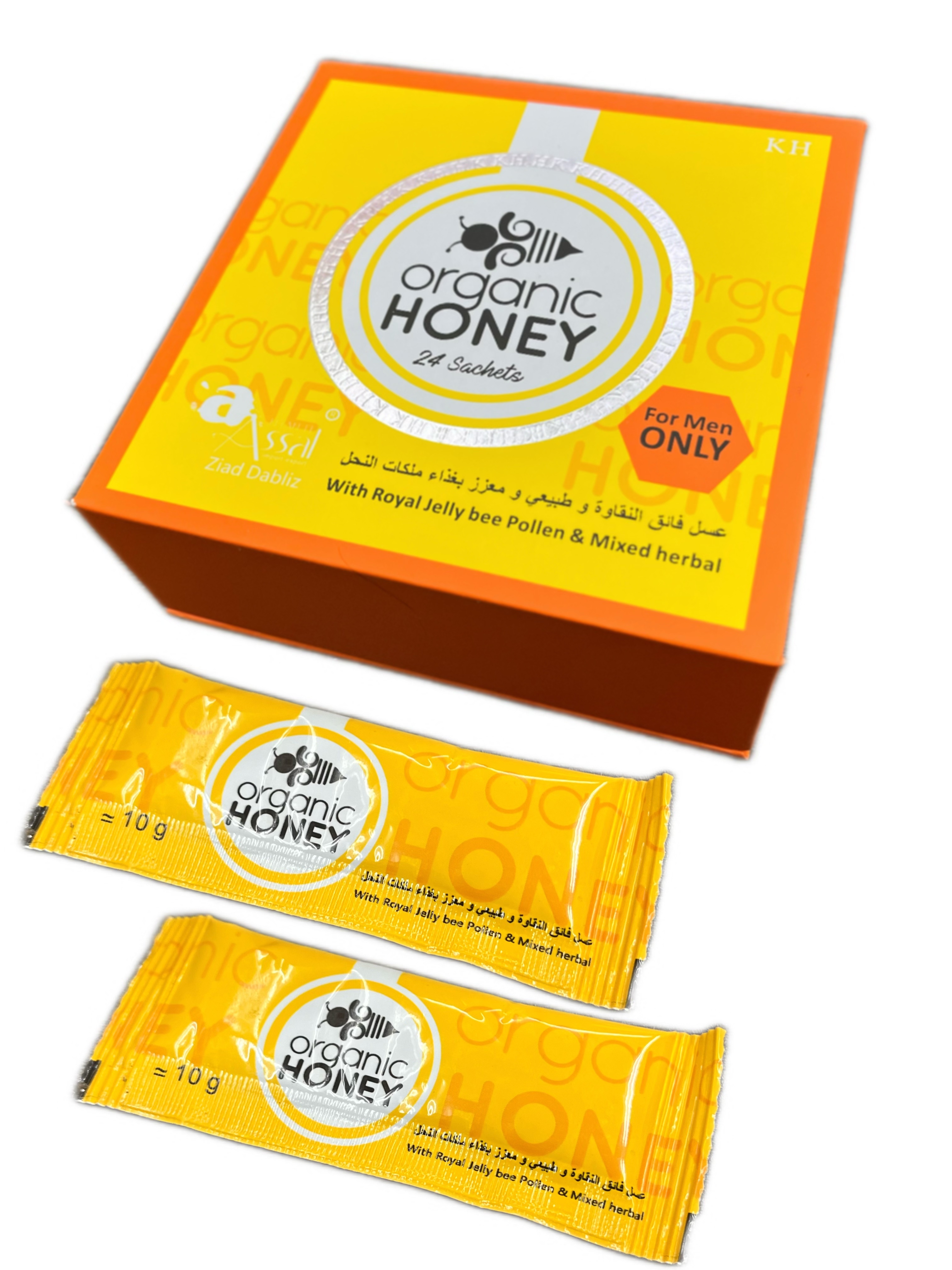 Organic Honey for Men (24 Sachets, 240g) - Blended with Royal Jelly, Bee Pollen, Ginseng & Mixed Herbs