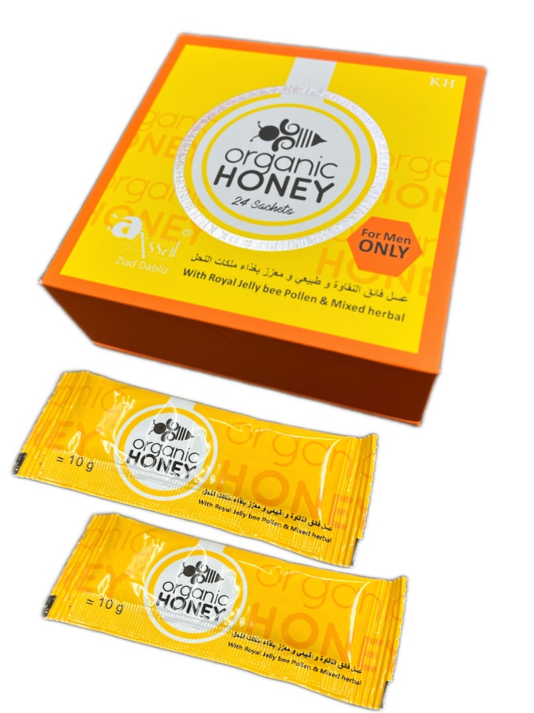 Organic Honey for Men (24 Sachets, 240g) - Blended with Royal Jelly, Bee Pollen, Ginseng & Mixed Herbs