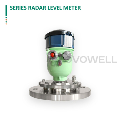 OVOWELL 80GHz radar level meter mounted on a poultry feed silo